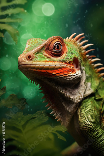 Lizard against green background. Portrait of iguana in nature. Exotic animal in tropical environment