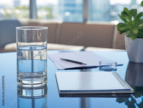 A glass of water and a notepad sitting on a conference table in a corporate setting.