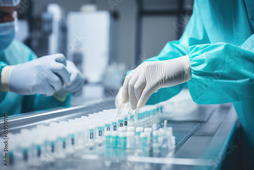 Doctor hands hold test tubes in laboratory. Scientific research in medicine