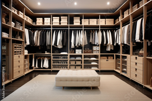 Modern wardrobe interior with clothes on shelves in dressing room photo