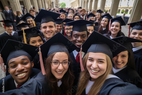 Students in graduation costume taking selfie outdoors. Smiling graduates in college photo