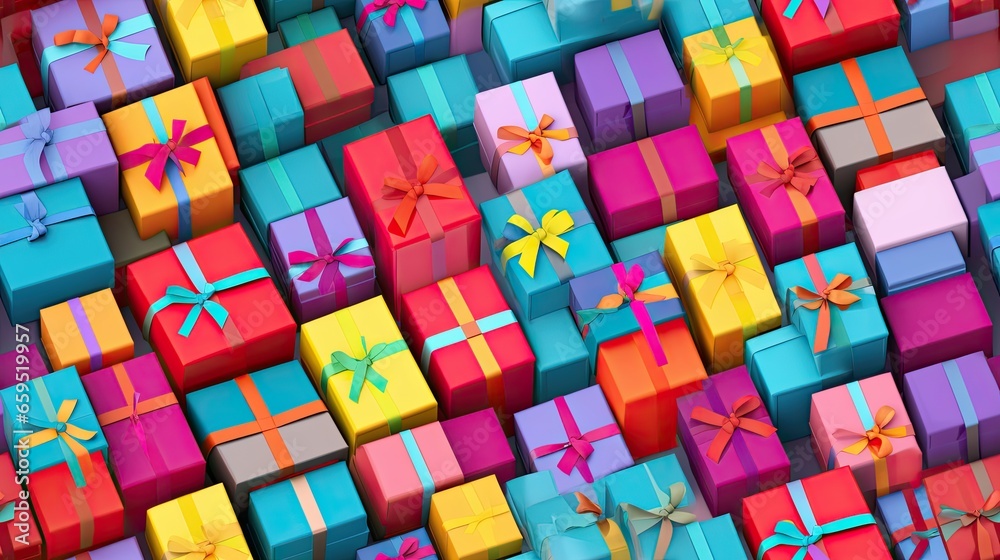  a lot of colorful presents that are stacked on top of each other.  generative ai