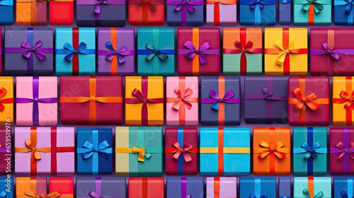  a large number of colorful wrapped presents with ribbons on them. generative ai