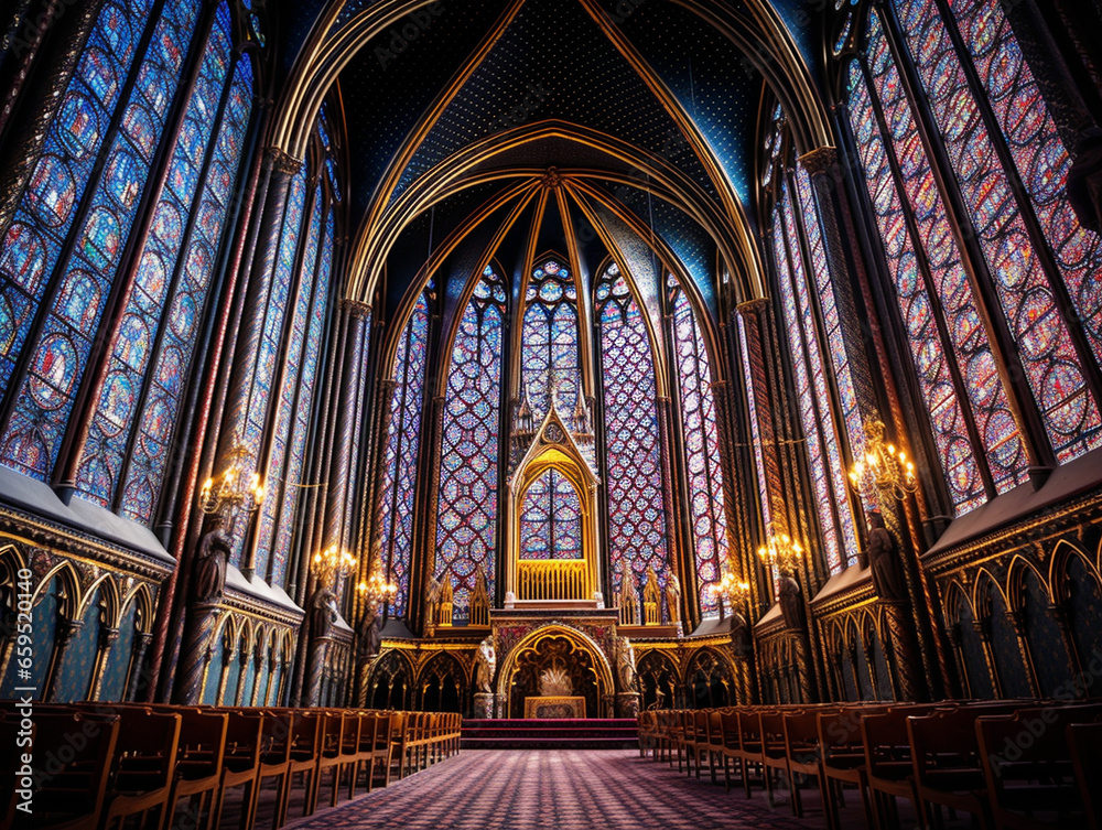 A breathtaking gothic cathedral featuring stunningly detailed stained glass windows, radiating a sense of serenity.