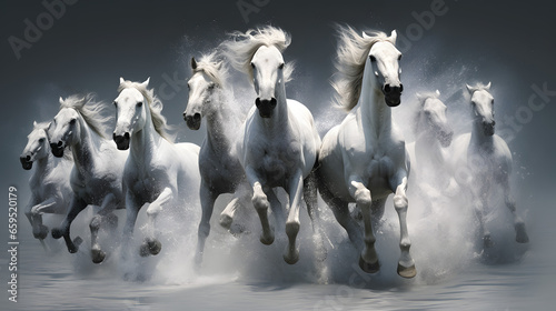Several white horses are running near water, neon line