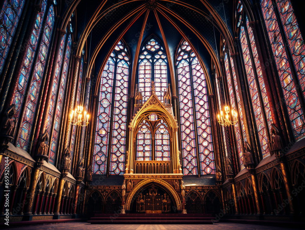 A stunning gothic cathedral showcasing beautifully detailed stained glass windows in shades of blue.