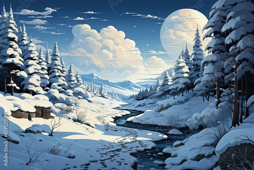Festive snowy mountain landscape with trees and river