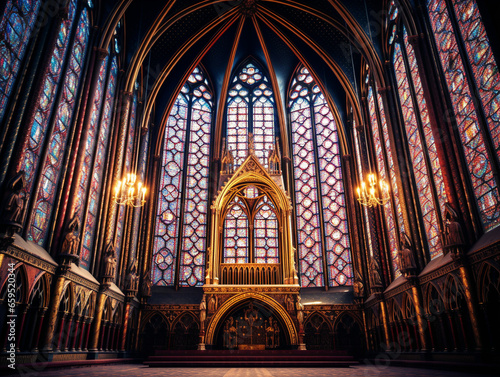 A stunning gothic cathedral showcasing beautifully detailed stained glass windows in shades of blue.