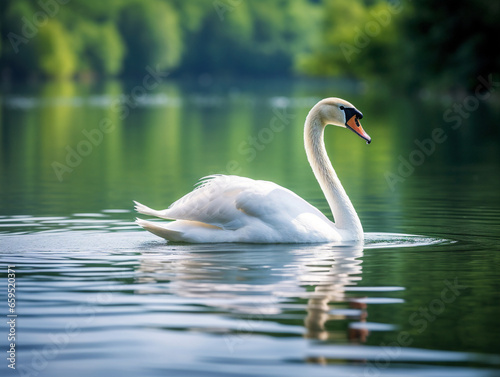  A serene swan elegantly floats on a calm and peaceful lake  surrounded by nature. 
