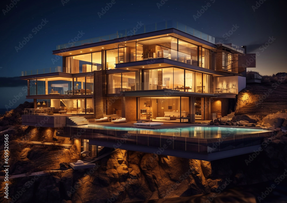 Obraz premium Modern luxury villa house with swimming pool for nightlife party.AI Generative