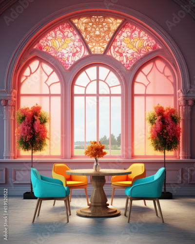 A very bright and colorful room with colored chairs and a table, an arched window and living plants, a fashionable stylish interior