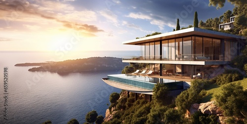 Modern luxury vacation villa house on mountain with beautiful ocean view.AI Generative © DenisMArt
