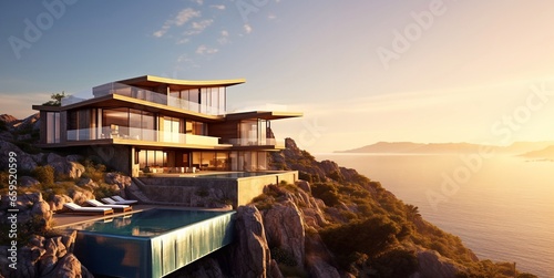 Luxury expensive modern villa house on mountain with beautiful view.AI Generative