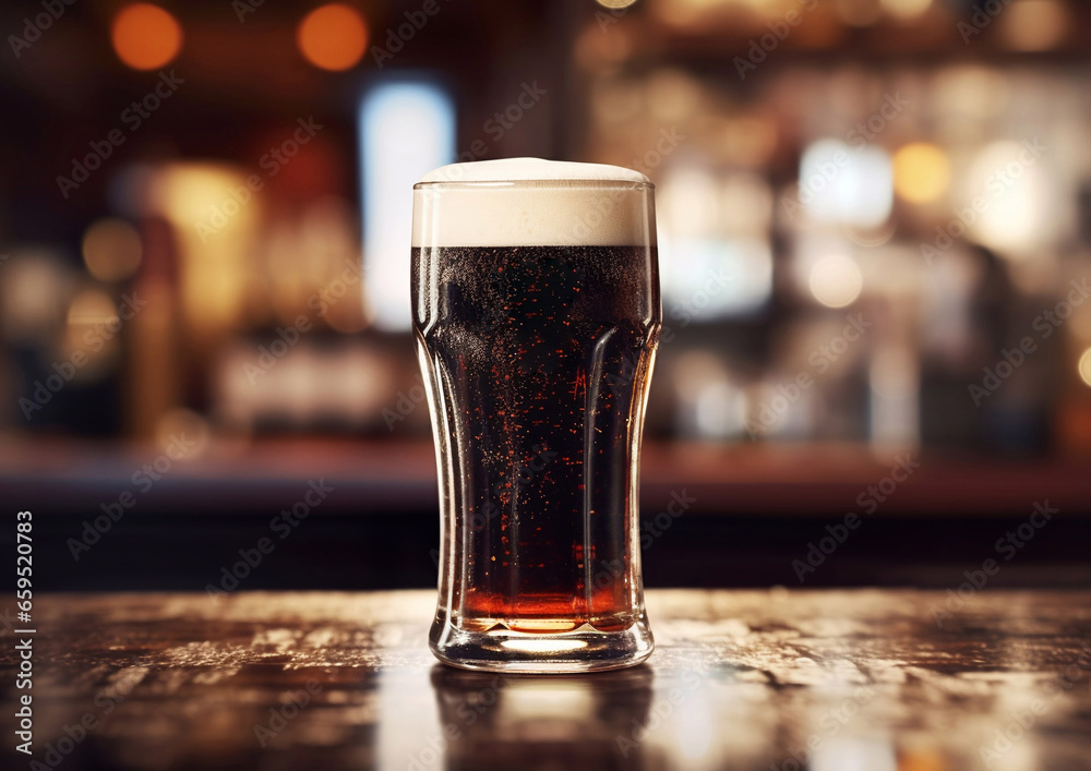 Classic stout dark beer in glass on wooden table.Macro.AI Generative Classic stout dark beer in glass on wooden table.Macro.AI Generative