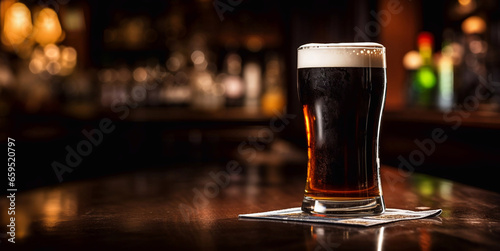 Pint of bitter craft stout beer on bar counter in evening.Space for text.AI Generative