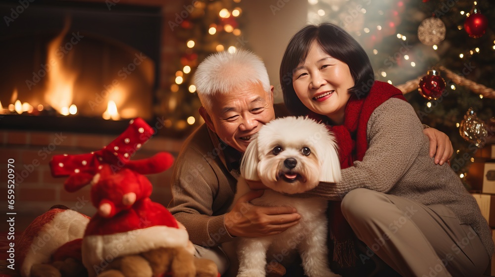 lovely asian family old grandparent with animal pet dog stay together in chrsitmas festive celebrate night at home living room full of decorating joyfel happiness moment lovely asian family old grandparent with animal pet dog stay together in chrsitmas festive celebrate night at home living room full of decorating joyfel happiness moment
