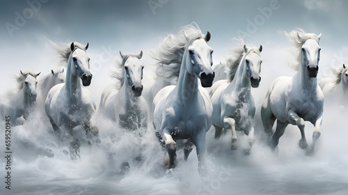 Several white horses are running near water, neon line
