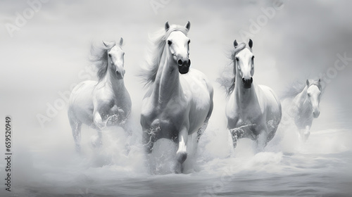 Several white horses are running near water  neon line