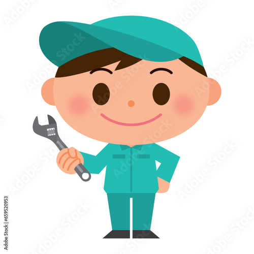 スパナを持った作業着の男性