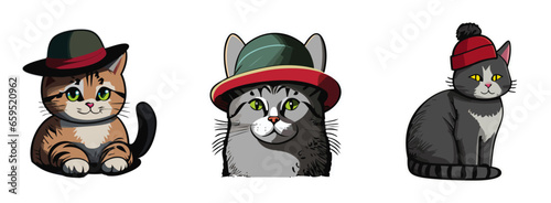 Grey cats with green hats