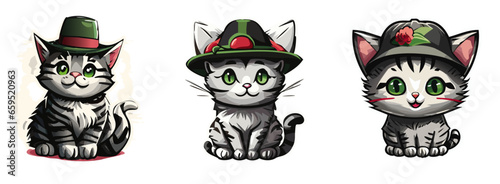 Grey cats with green hats