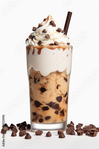 Chocolate chip milkshake on white background