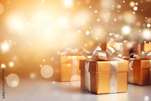 Gift boxes with bows on golden bokeh background 1