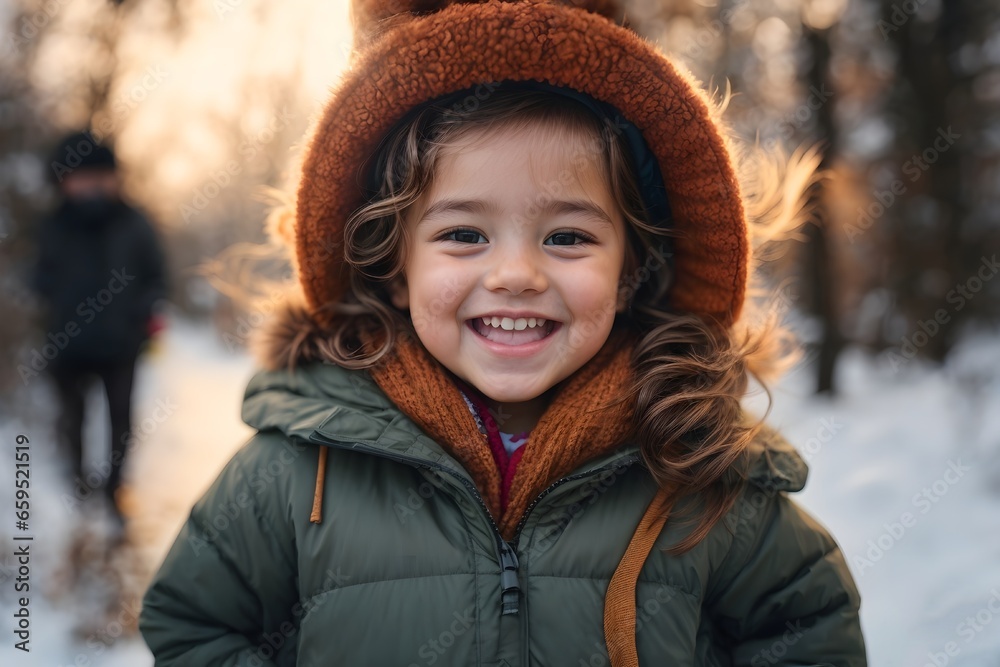 Portrait of a Smiling cute little girl wearing winter warn clothes, jacket, looking at the camera standing outdoors. Portrait of a Smiling cute little girl wearing winter warn clothes, jacket, looking at the camera standing outdoors.