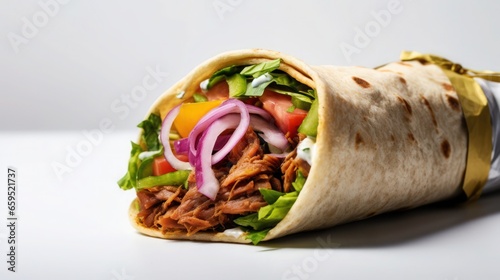 Shawarma or Doner with chicken roll on isolated white background. Turkish Fast Food
