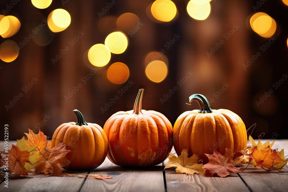 colorful autumn pumpkins and leaves on wooden table with bokeh background Generative AI colorful autumn pumpkins and leaves on wooden table with bokeh background Generative AI