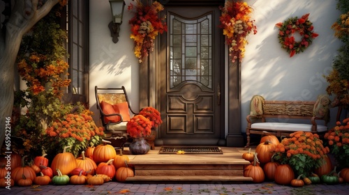  a painting of a porch with pumpkins and a chair. generative ai
