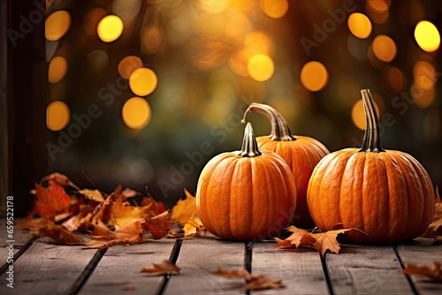 pumpkins on a wooden table with autumn leaves background Generative AI