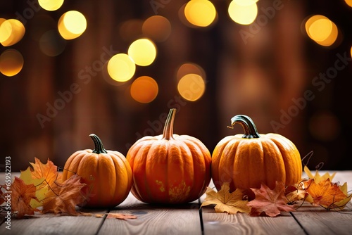 colorful autumn pumpkins and leaves on wooden table with bokeh background Generative AI