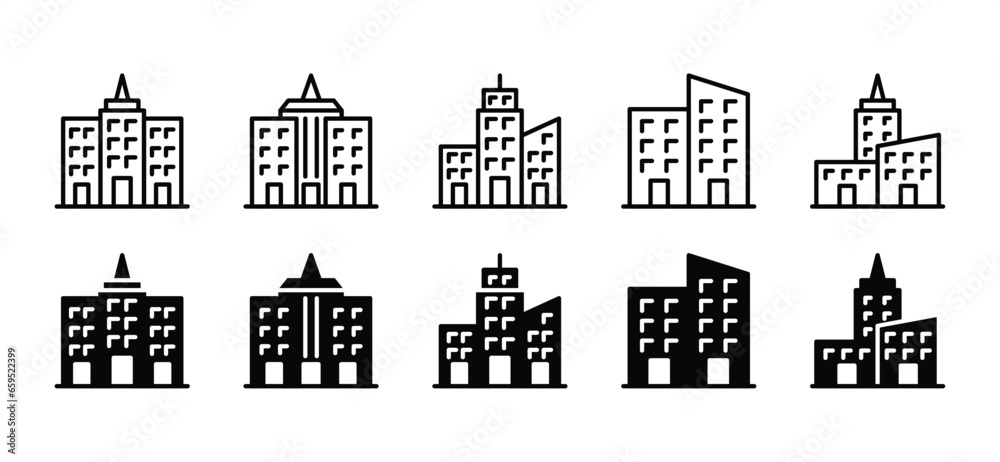 Building and skyscrapers icons. Office buildings. Real estate, apartment, condo, home, house, city, hotel, urban, town. Editable stroke. Vector illustration