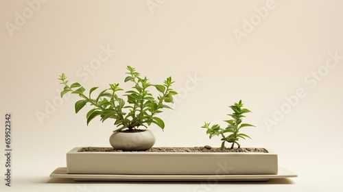 two plants are in a white pot on a white surface.  generative ai