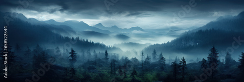 Mystical mysterious fog over the forest tops overlooking the mountains at sunset, banner