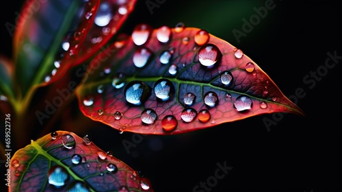  a close up of a leaf with water drops on it.  generative ai © Anna