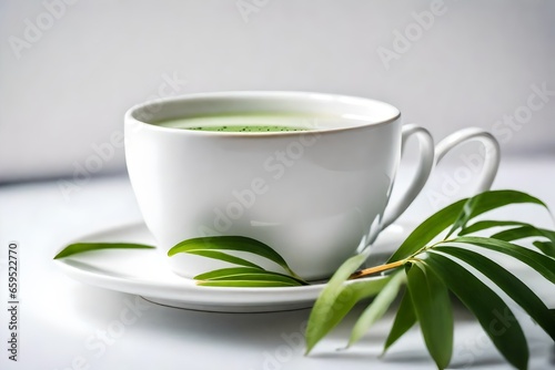 Tela A white porcelain cup with japanese matcha tea drink on a white saucer plate on