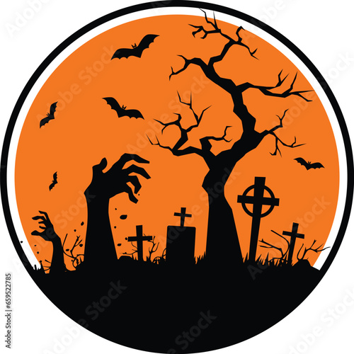 Dead hand silhouette in full moon night in cemetery. Vector round sticker for Halloween party