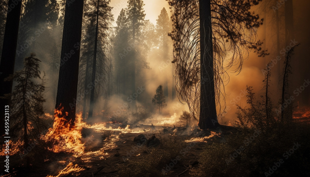 Mystery landscape burning pine tree, spooky fog, glowing bonfire generated by AI