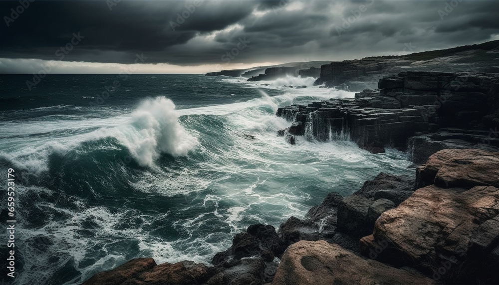 Majestic coastline, rough waves crashing, dramatic sky, awe inspiring beauty generated by AI Majestic coastline, rough waves crashing, dramatic sky, awe inspiring beauty generated by AI