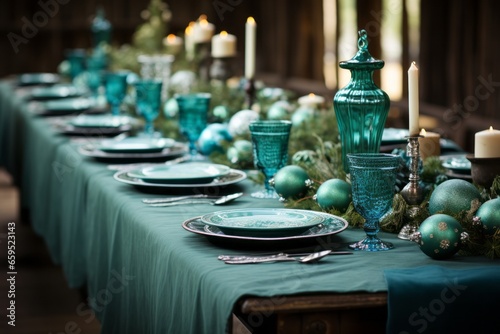 Christmas tablescape, elegant table setting in emerald wit plates, cutlery, ornaments and candles for Christmas feast