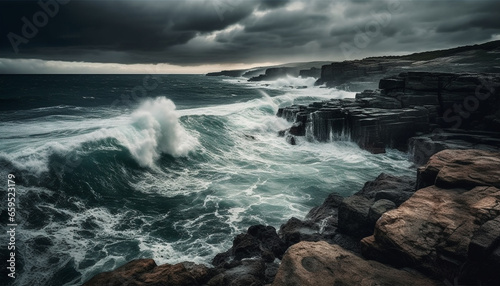 Majestic coastline, rough waves crashing, dramatic sky, awe inspiring beauty generated by AI