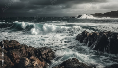 Rough surf crashes against dramatic cliff, spray splashing high generated by AI