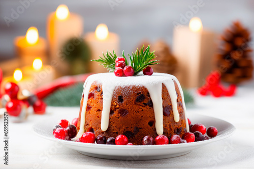 Christmas pudding fruit cake on christmas decoration background.Traditional festive dessert. photo
