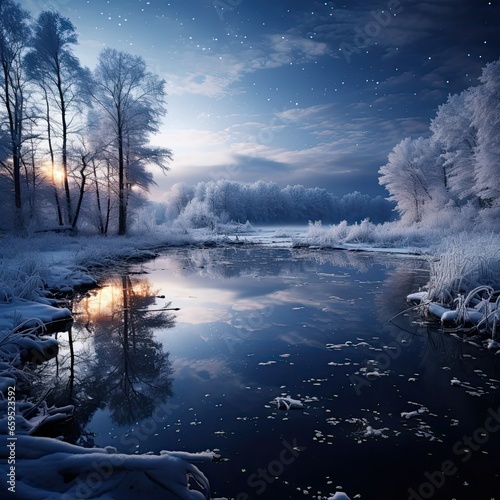 Tranquil winter snowy landscape with water and trees  © Marta N.