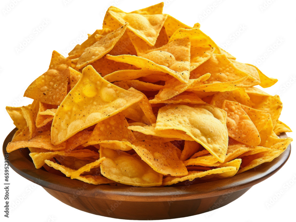 Nachos, Tortillas, Corn Chips in a Bowl. Isolated on Transparent Background Nachos, Tortillas, Corn Chips in a Bowl. Isolated on Transparent Background