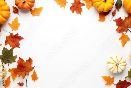 Top view of autumn pumpkins and different leaves in a frame for copy space on a white background.