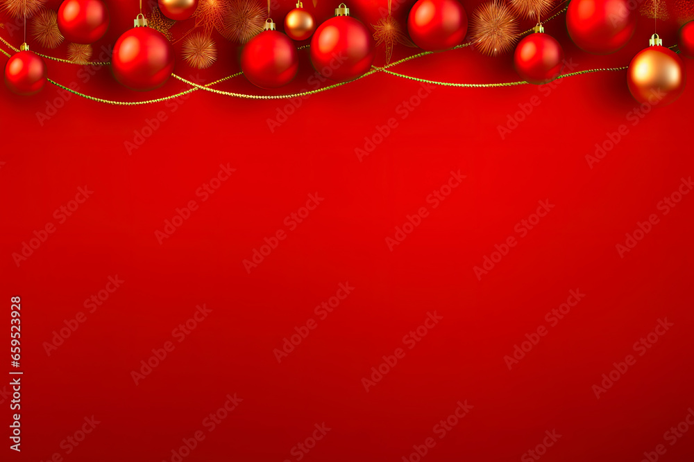 Christmas composition. Garland made of red balls and fir tree branches on red background. Christmas, winter, new year concept.Top view. copy space Christmas composition. Garland made of red balls and fir tree branches on red background. Christmas, winter, new year concept.Top view. copy space