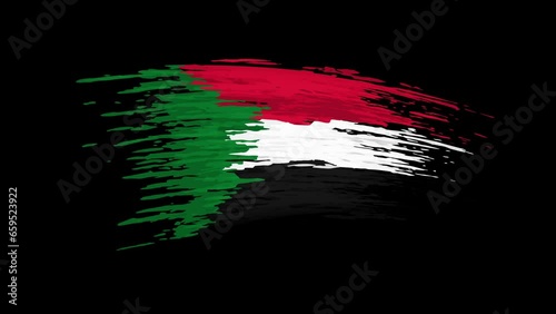 Sudan flag animation. Brush painted sudanese flag, transparent background. Brush strokes. Sudan state patriotic national banner template. Place for text. Animated design element, seamless loop